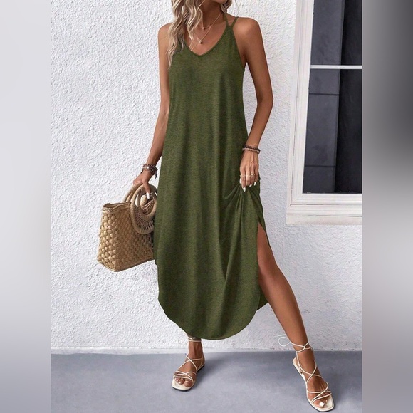 Spaghetti strap rounded hem midi dress boho casual green - Picture 1 of 6